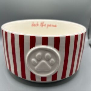 Rae Dunn Peppermint Striped DECK THE PAWS Dog Pet Bowl Paw Print Christmas New